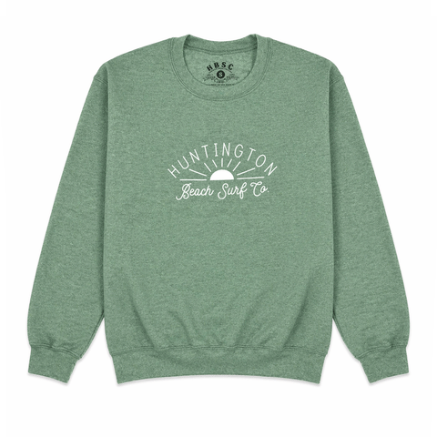 green crewneck sweatshirt with white script with sun. "huntington beach surf co."
