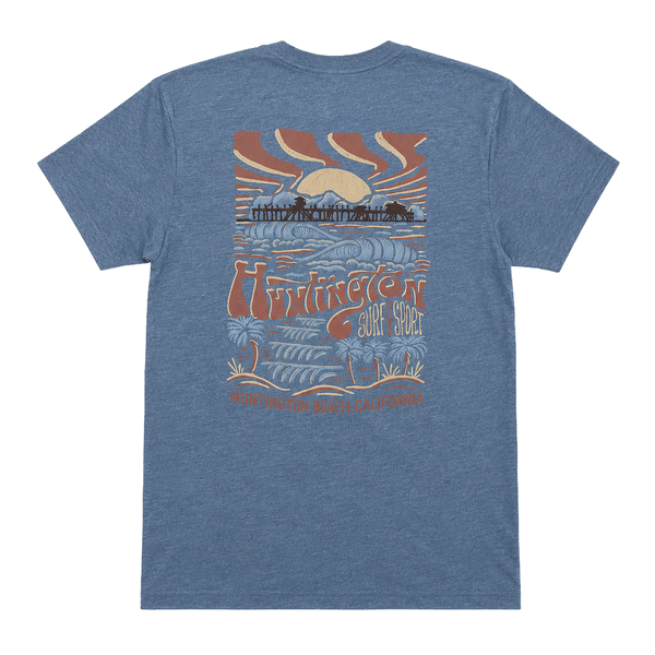 back of heather blue t-shirt with graphic of a pier with sunset in the background. shirt is on a white background