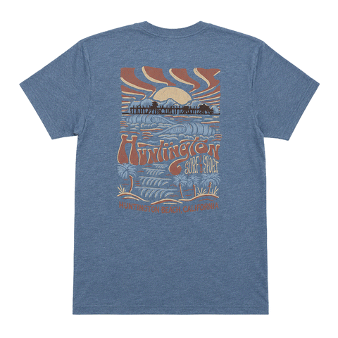 back of heather blue t-shirt with graphic of a pier with sunset in the background. shirt is on a white background