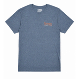 front of heather navy t shirt with small  red font that says huntington Beach
