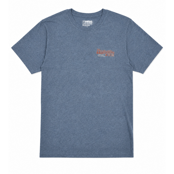 front of heather navy t shirt with small  red font that says huntington Beach
