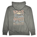 back of grey hoodie with drawing of the HB Pier