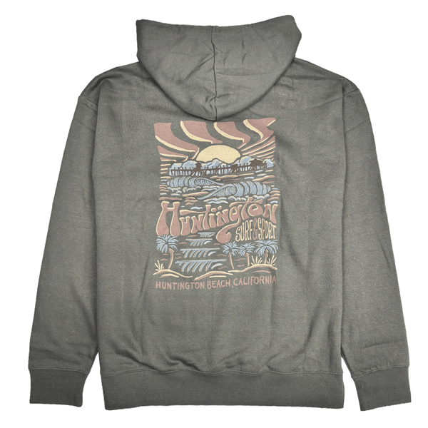 back of grey hoodie with drawing of the HB Pier