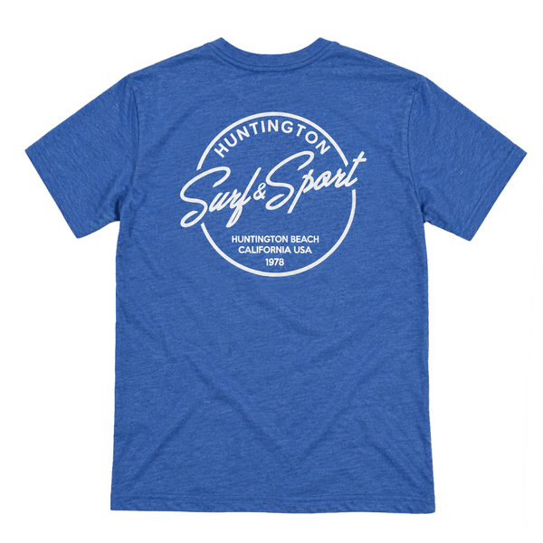 back of heather blue t-shirt with big round white logo