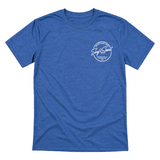 front of heather blue t-shirt with small white round logo on chest