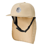 tan hat with chin strap and back neck cover