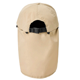 back of tan hat with chin strap and back neck cover and adjustable strap