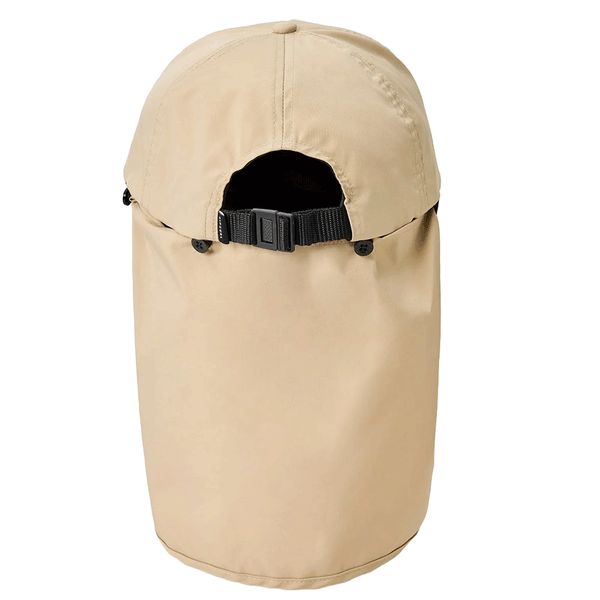 back of tan hat with chin strap and back neck cover and adjustable strap