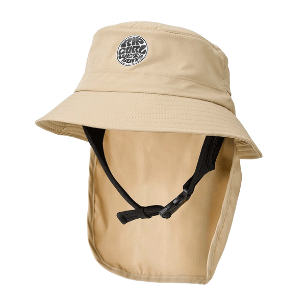 tan bucket hat with chin strap and back neck cover