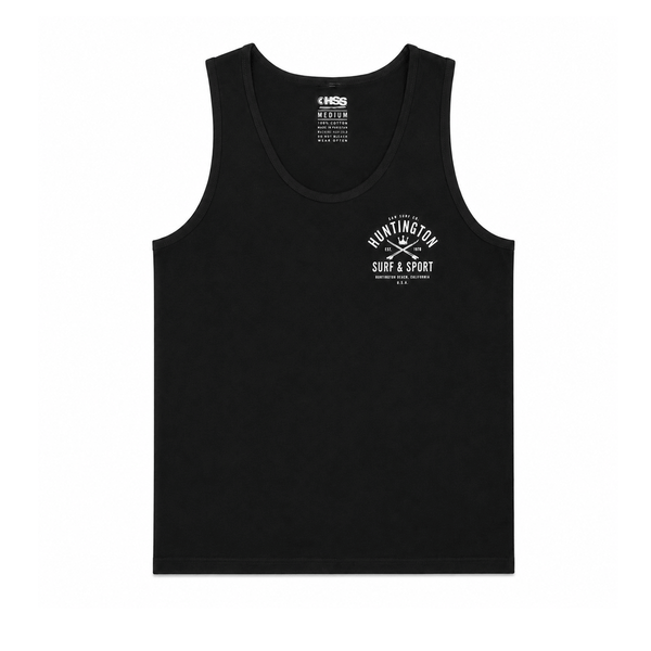 Men's black Huntington Surf & Sport tank top with small vintage back graphic on a white background.