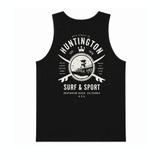 Men's black Huntington Surf & Sport tank top with large vintage back graphic on a white background.