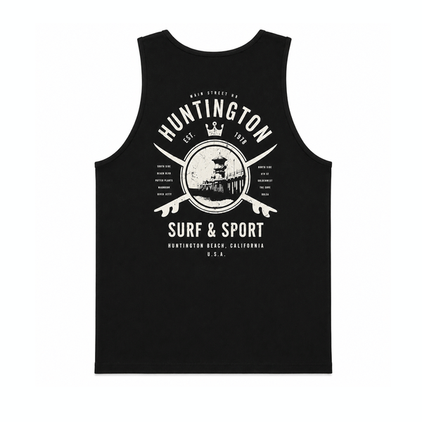 Men's black Huntington Surf & Sport tank top with large vintage back graphic on a white background.