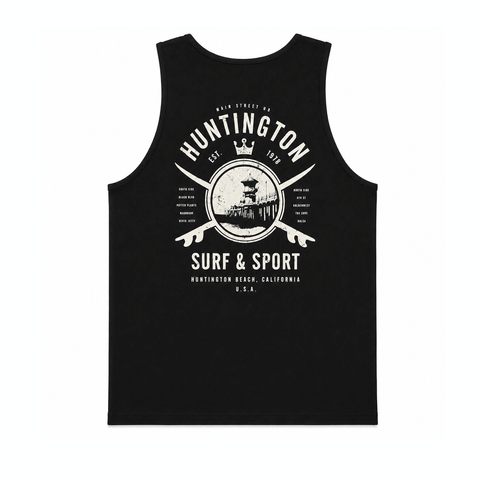 Men's black Huntington Surf & Sport tank top with large vintage back graphic on a white background.