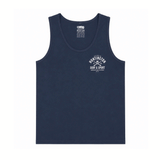 Men's navy Huntington Surf & Sport tank top with small vintage back graphic on a white background.