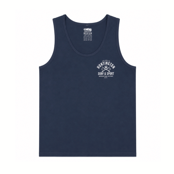 Men's navy Huntington Surf & Sport tank top with small vintage back graphic on a white background.