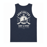 Men's navy Huntington Surf & Sport tank top with large vintage back graphic on a white background.