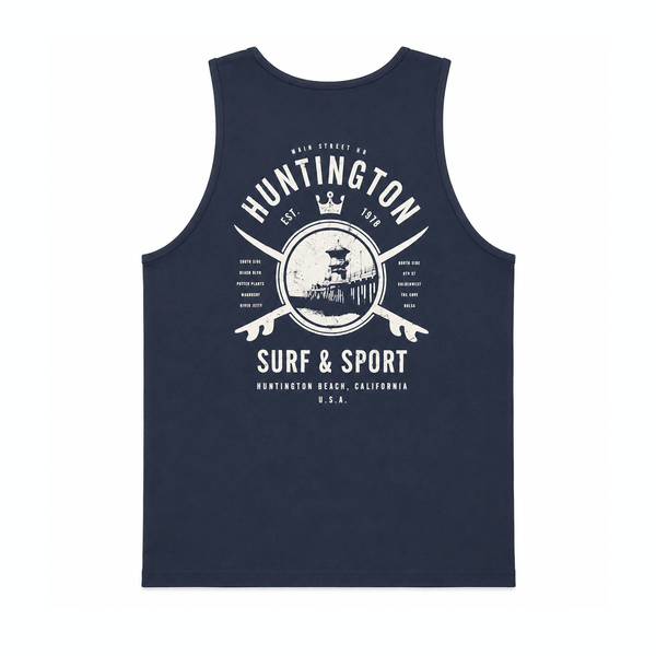 Men's navy Huntington Surf & Sport tank top with large vintage back graphic on a white background.