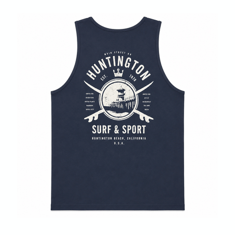 Men's navy Huntington Surf & Sport tank top with large vintage back graphic on a white background.