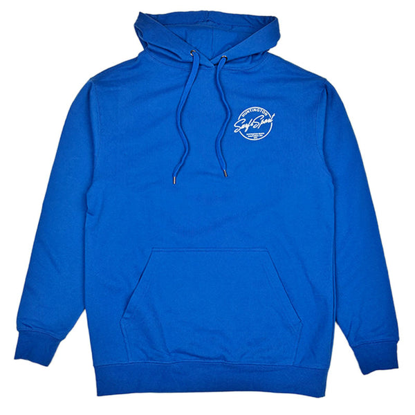 Blue hoodie with a logo on the chest against a white background
