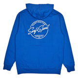 Blue hoodie with 'Huntington Surf & Sport' logo on the back against a white background