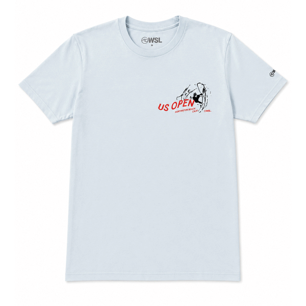 light blue t-shirt with red & black us open logo on chest