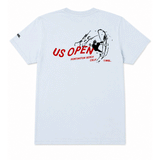 light blue t-shirt with red & black us open logo on white background