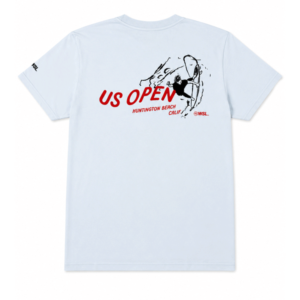 light blue t-shirt with red & black us open logo on white background