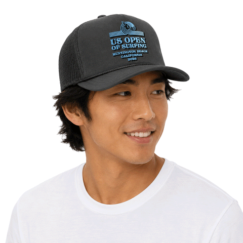 person wearing grey trucker hat with blue US Open logo on white background