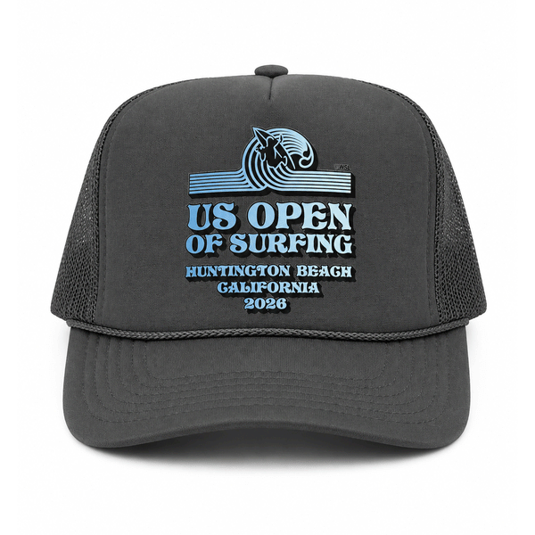 grey trucker hat with blue US Open logo on white background