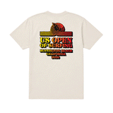 back view of a cream-colored US Open of Surfing short-sleeve t-shirt displayed on a white background. The tee features a large multicolor retro-style surf graphic on the back with "US Open of Surfing Huntington Beach California 2026" text and a WSL logo printed on the right sleeve.