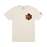 Front view of a cream-colored US Open of Surfing short-sleeve t-shirt displayed on a white background. The tee features a small multicolor retro-style surf graphic on the left chest with "US Open of Surfing Huntington Beach California 2026" text and a WSL logo printed on the right sleeve.