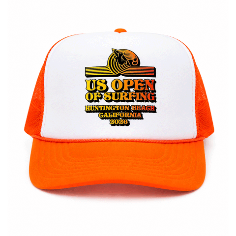 orange and white trucker hat with US Open's Surfer TM logo in yellow