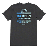 back view of a washed black-colored US Open of Surfing short-sleeve t-shirt displayed on a white background. The tee features a large multicolor retro-style surf graphic on the back with "US Open of Surfing Huntington Beach California 2026" text and a WSL logo printed on the right sleeve.