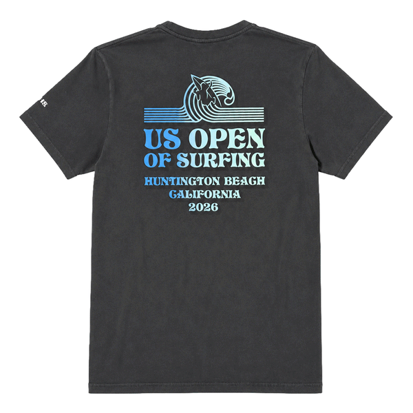 back view of a washed black-colored US Open of Surfing short-sleeve t-shirt displayed on a white background. The tee features a large multicolor retro-style surf graphic on the back with "US Open of Surfing Huntington Beach California 2026" text and a WSL logo printed on the right sleeve.