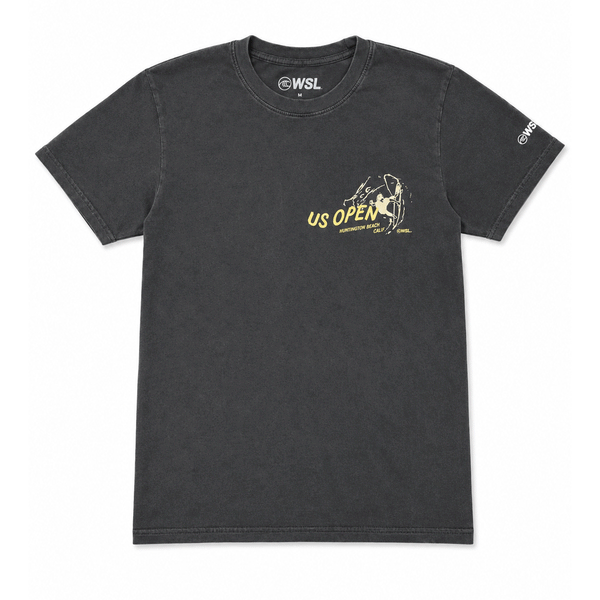 washed black shirt with US Open's Surfer logo in yellow on chest