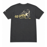 back of washed black shirt with US Open's Surfer logo in yellow