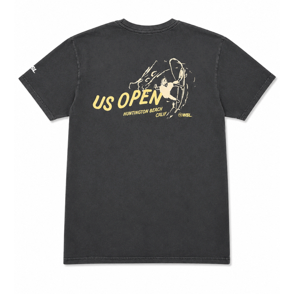 back of washed black shirt with US Open's Surfer logo in yellow