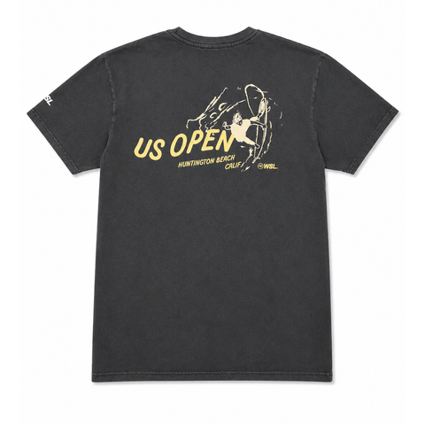 back of washed black shirt with US Open's Surfer logo in yellow