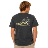  back of person wearing washed black shirt with US Open's Surfer logo 