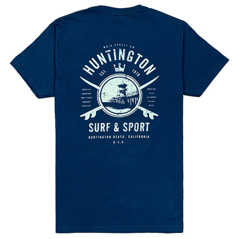 back of tshirt with picture of the hb pier and the words huntington surf and sport