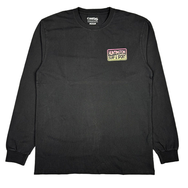 Black long-sleeve shirt with a logo on the chest against a white background