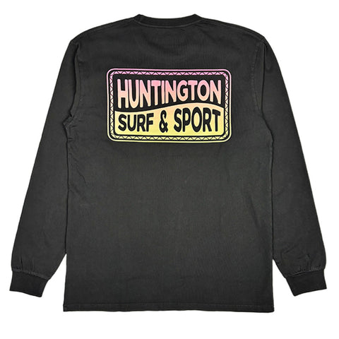 Black long-sleeve shirt with 'Huntington Surf & Sport' logo on a white background
