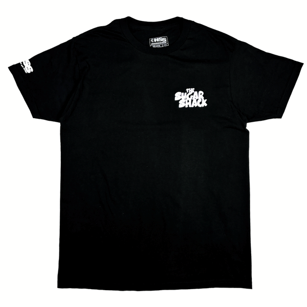 front of black tshirt with the words The sugar shack on the chest