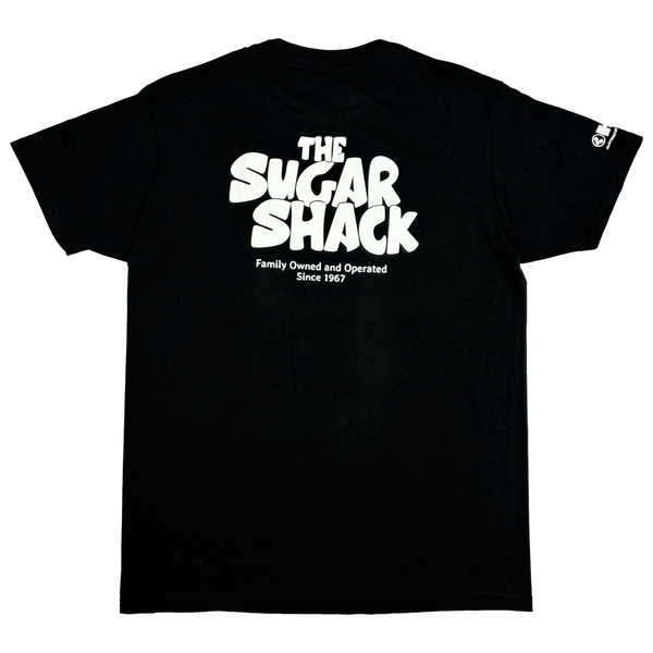 back of black tshirt with the words The Sugar Shack
family owend an operated since 1967