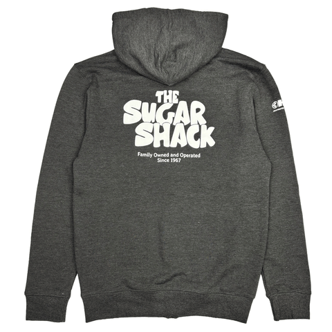 back of grey hooded sweatshirt with words "the sugar shack family owend and operated since 1967"