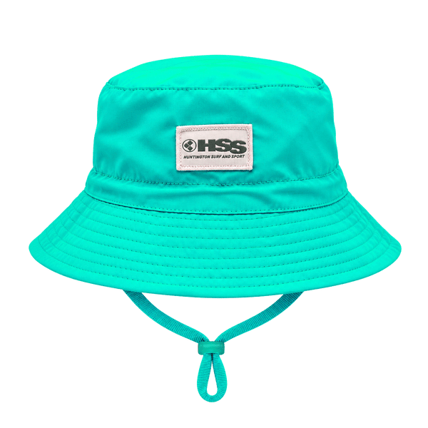 teal bucket hat with a white HSS patch logo