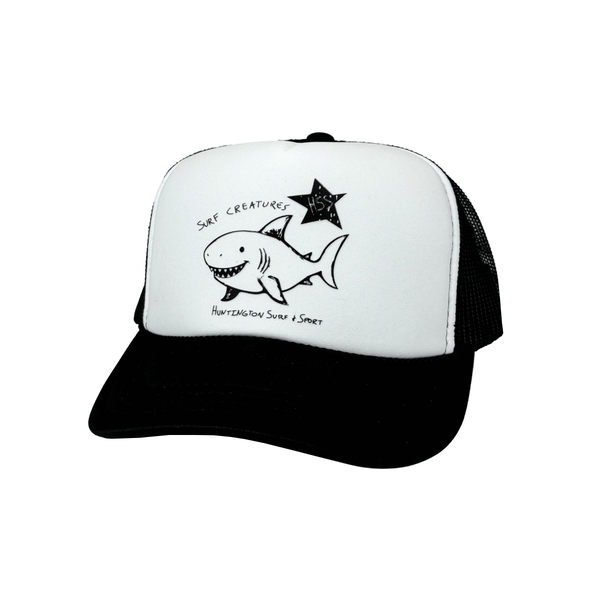 black and white trucker hat with a black logo on a white background