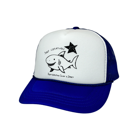 blue and white trucker hat with a black logo on a white background