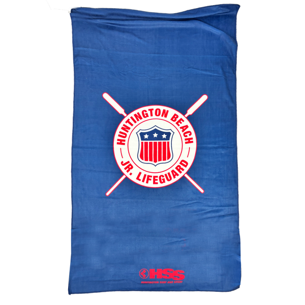 blue beach towel with HB Jr. Lifeguards logo on white background