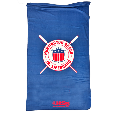 blue beach towel with HB Jr. Lifeguards logo on white background